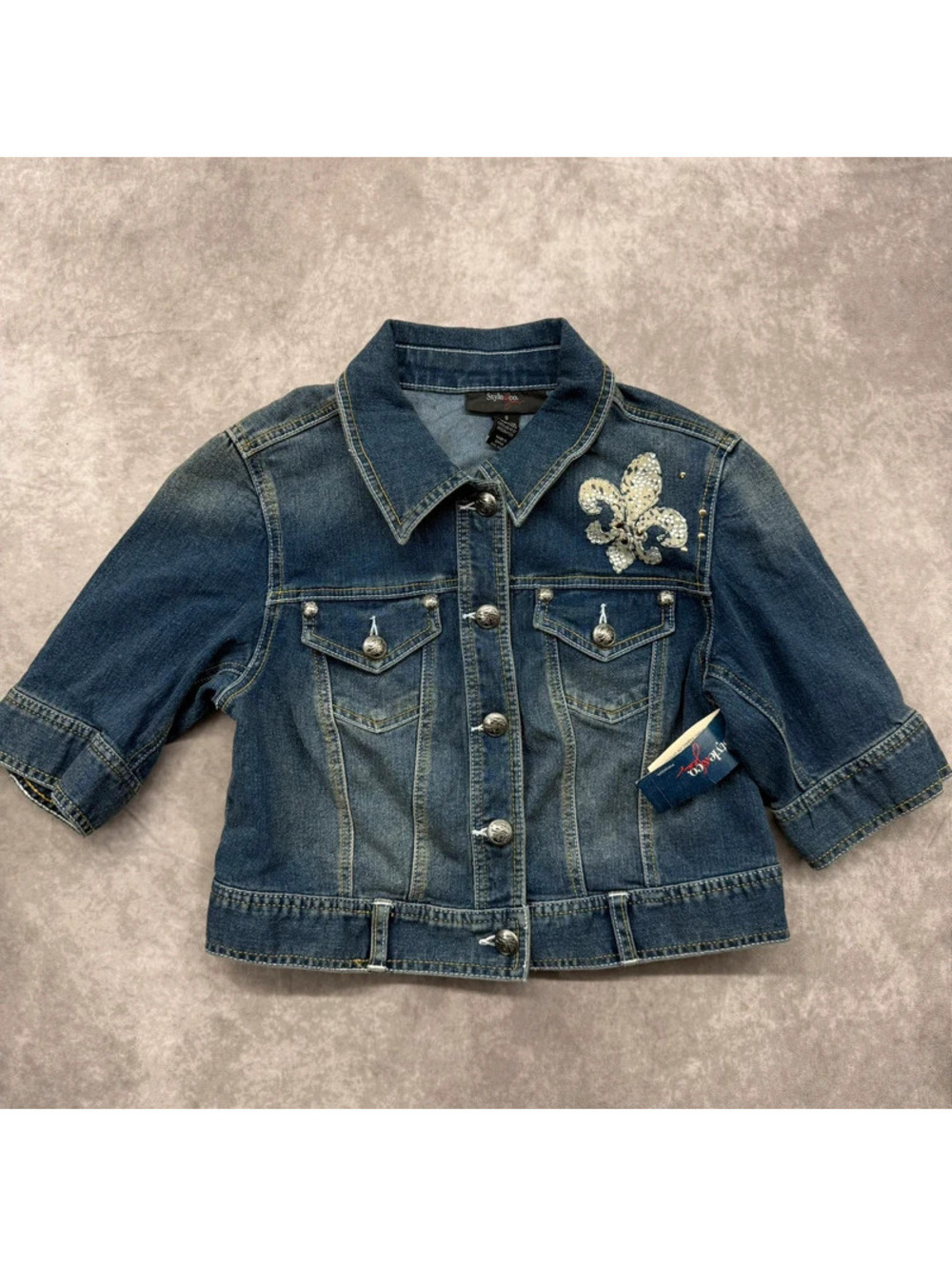 Vintage Y2K Style & Co Short Sleeve Denim Jacket Rhinestone Fleur De Lis S NWT